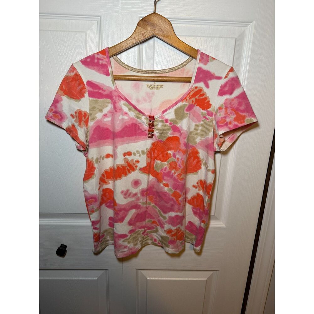 Hannah Women's Large Abstract Floral V-Neck Short Sleeve Stretch Top